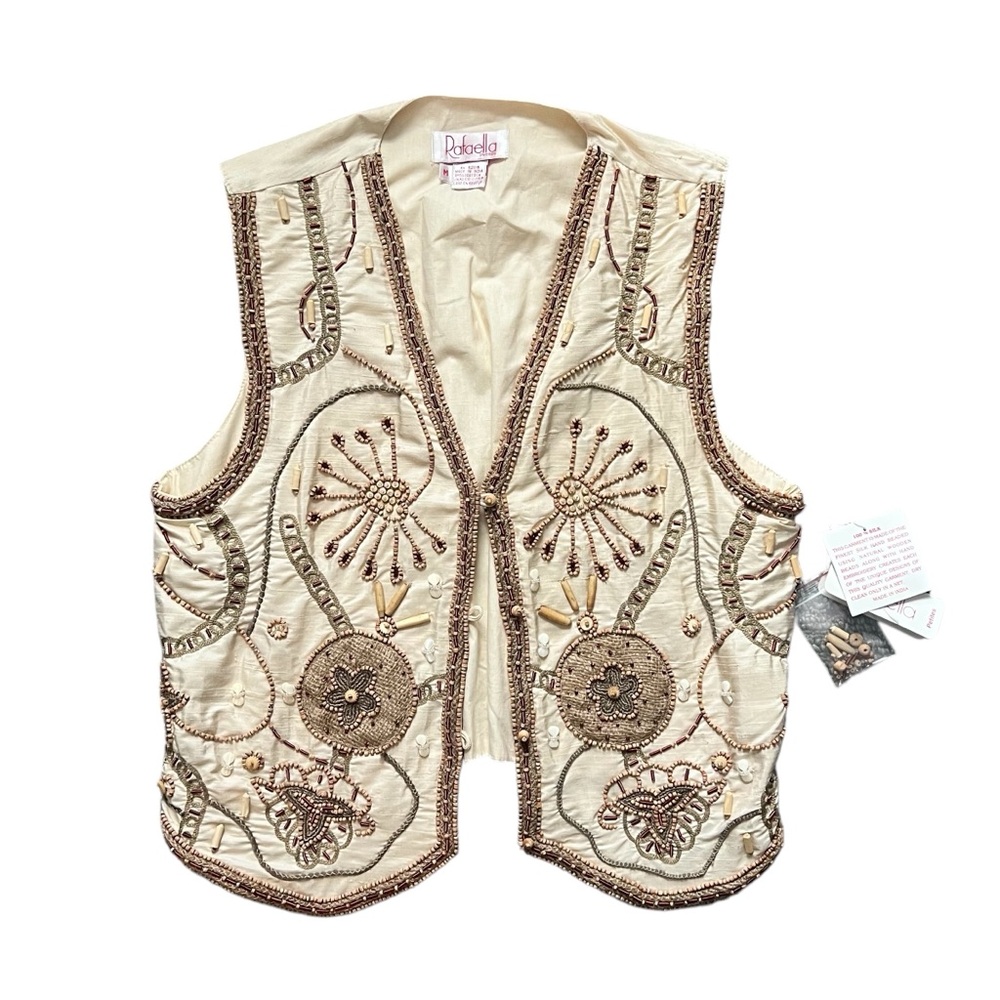 NWT Rafaella 100% Silk Embroidered Cream and Brown Vest Size M (2)